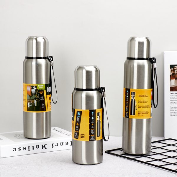 All stainless steel water bottles with a cup lip and rope handle